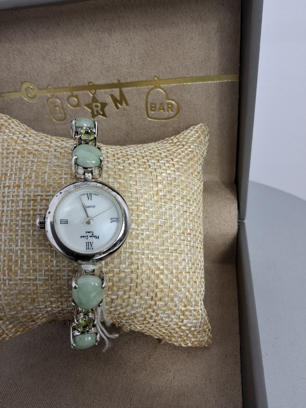 925 Silver Main Line Time Bracelet Analog Watch with Green Jade & Peridot Stones